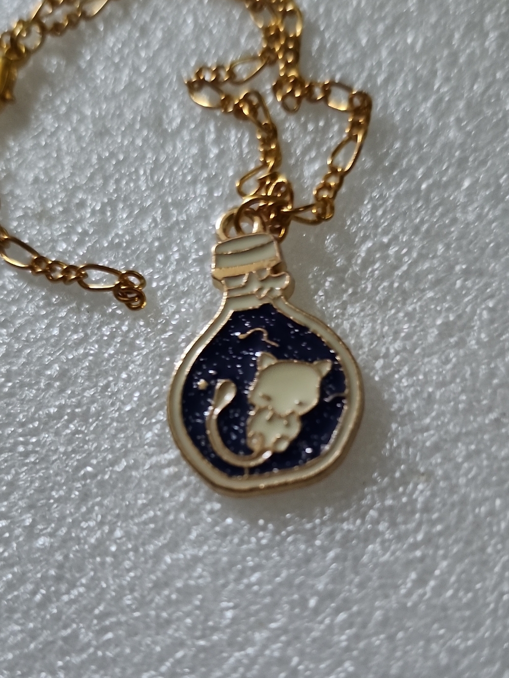 Hand Crafted Gold-Tone Cat Pendant Bracelet / Anklet with Navy and Cream Enamel